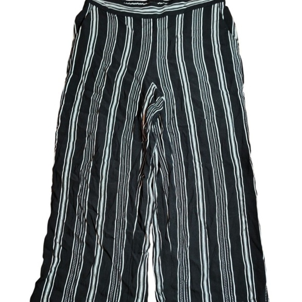 LOFT Petites Black White Striped Wide Leg Cropped Pants MP Elastic‎ Waist spring